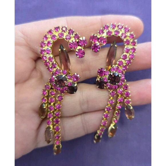 VTG Juliana Delizza Elster Earrings Purple Pink Ornate Dangle Waterfall Clip On - Picture 2 of 12